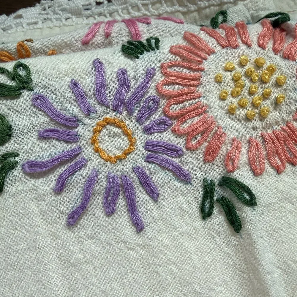 Vtg 70s Tablecloth Floral Hand Embroidered Crochet Lace 84x70” Cottagecore Large
